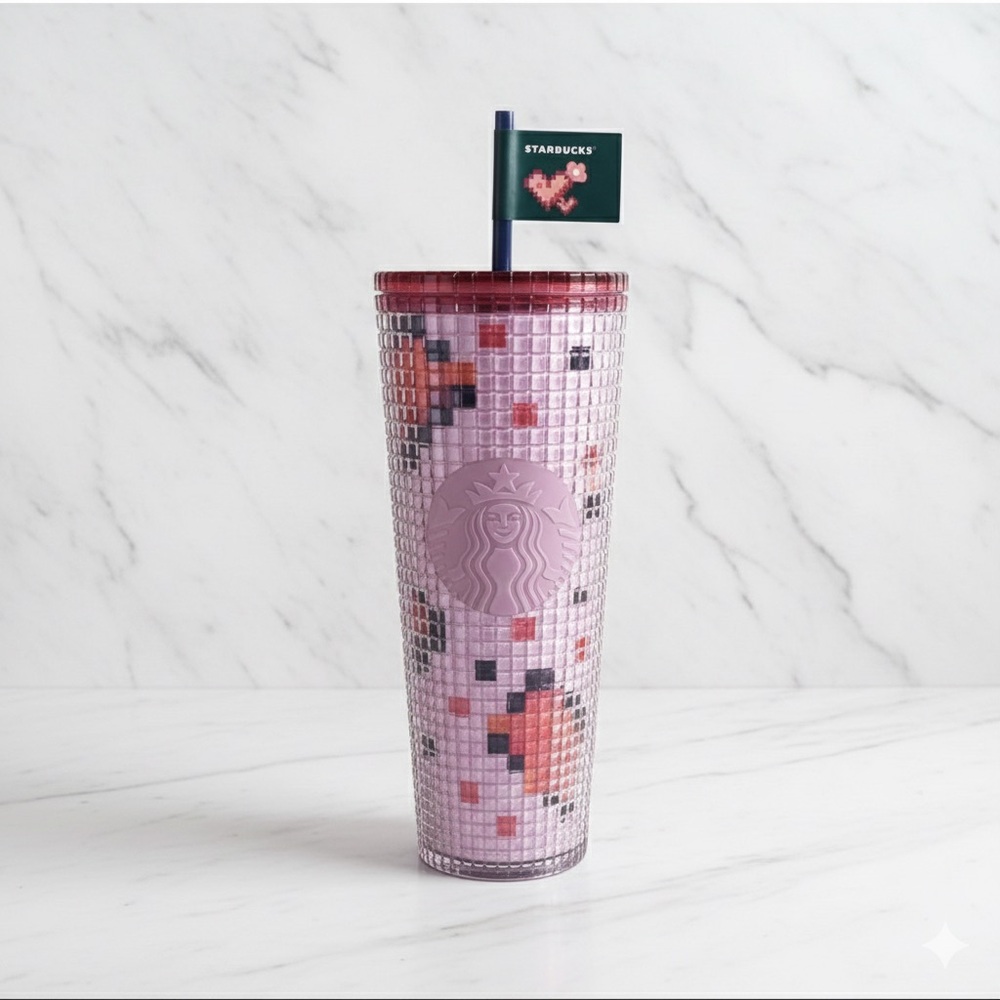 Starbucks 2025 Pixel Grid Heart Cold Cup Venti 24oz Pink Red NWT